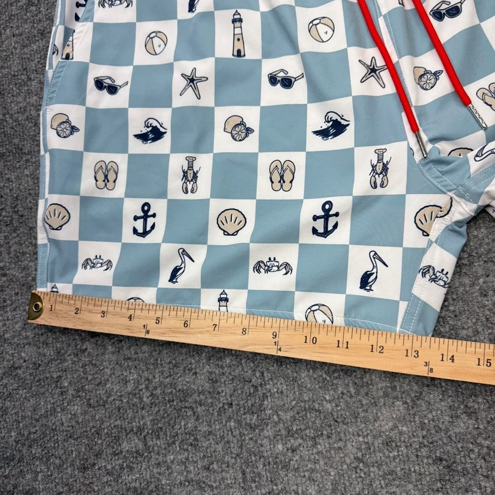 Swannies Men Blue Nautical Checkered Swim Trunks Board Shorts Size 38 Drawstring